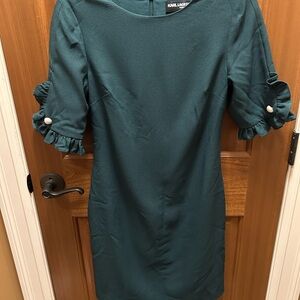 Karl Lagerfeld Green Sheath Dress with Ruffled Puff Sleeves